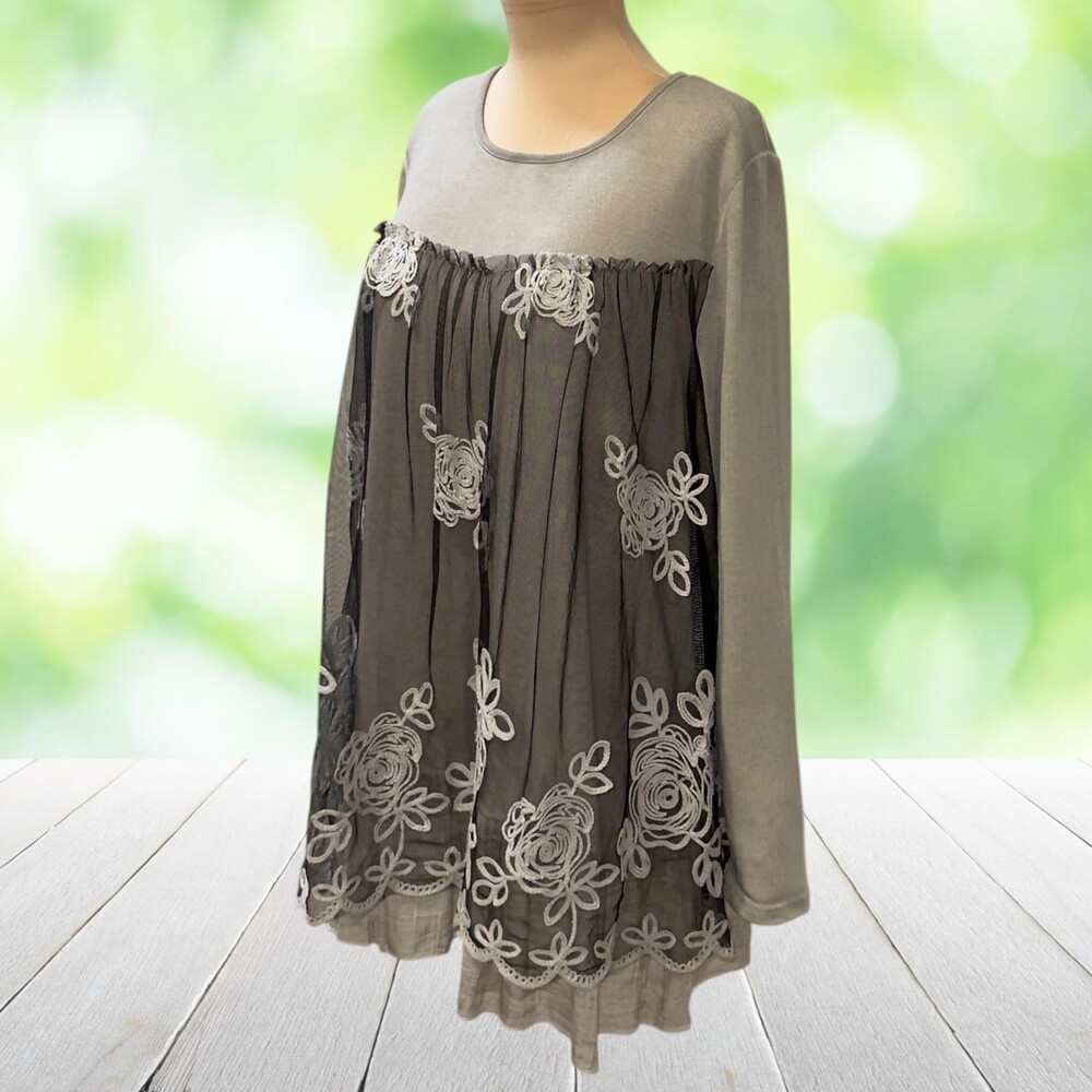 Vintage FERATELLI Layered Tunic Top Embroidered Mesh Linen Blend Floral Y2K Sz M